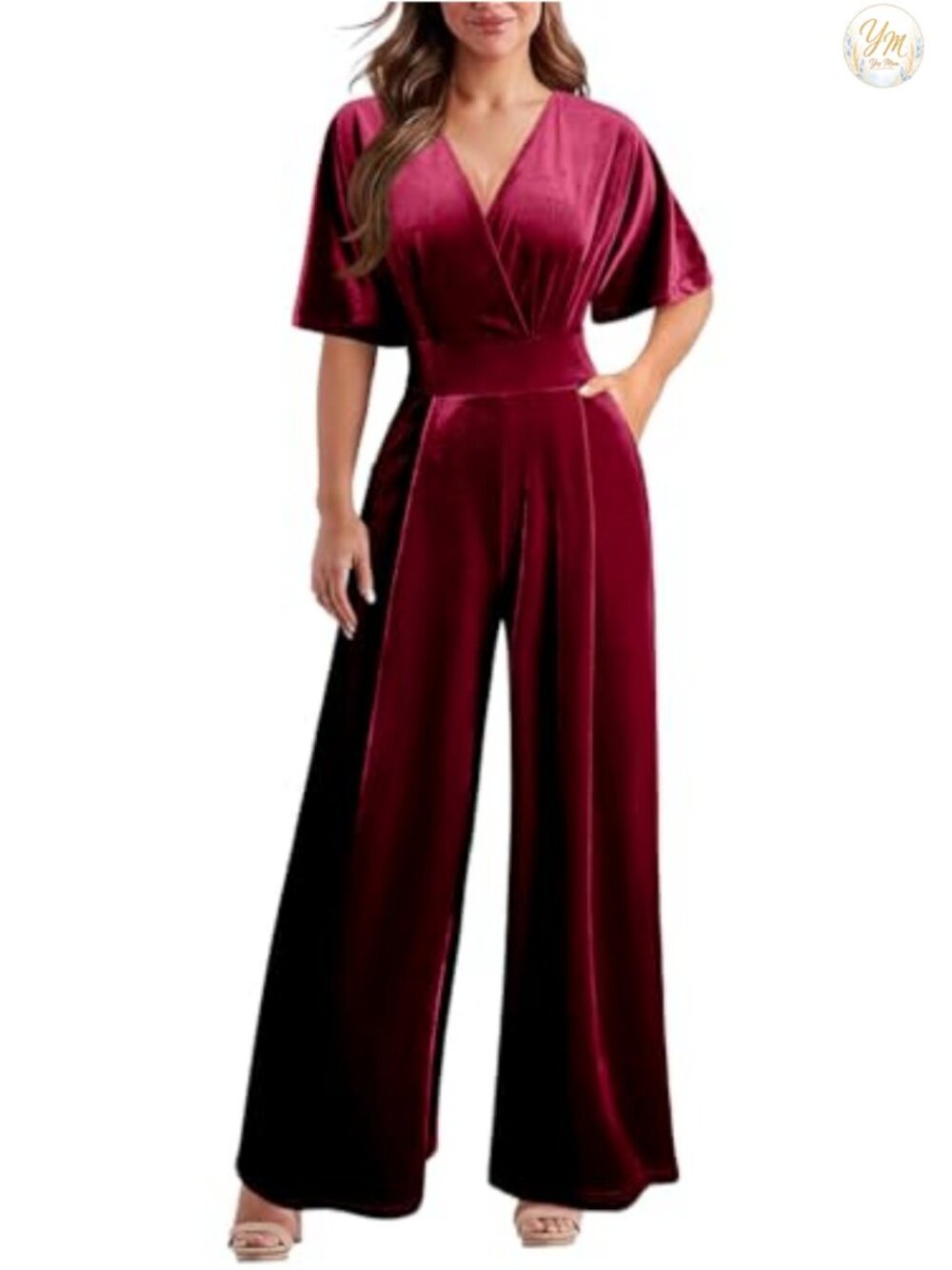 Velvet V Neck Short Sleeve Jumpsuit Romper with Pockets